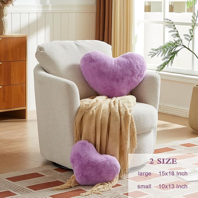 EastTree Heart Pillows, Purple Heart Shaped Pillows, Love Throw Pillows Gifts, Ultra Soft Faux Rabbit Fur Small Cute Pillows, Women Girls Kid Room Decor 10x13 Inch