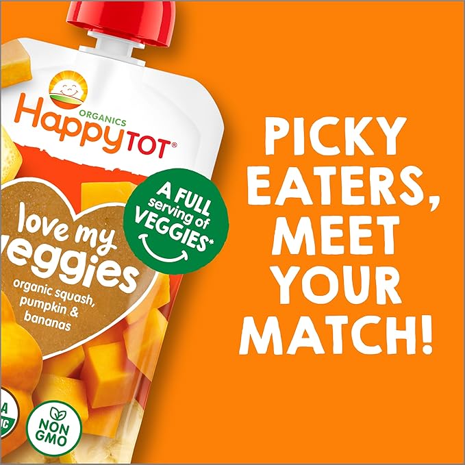 Happy Tot Organics Stage 4 Baby Food Pouches,Gluten Free, Vegan Snack, Love My Veggies, Fruit & Veggies Puree,Squash, Pumpkin & Bananas 4.22 oz Pouch (Pack of 16)
