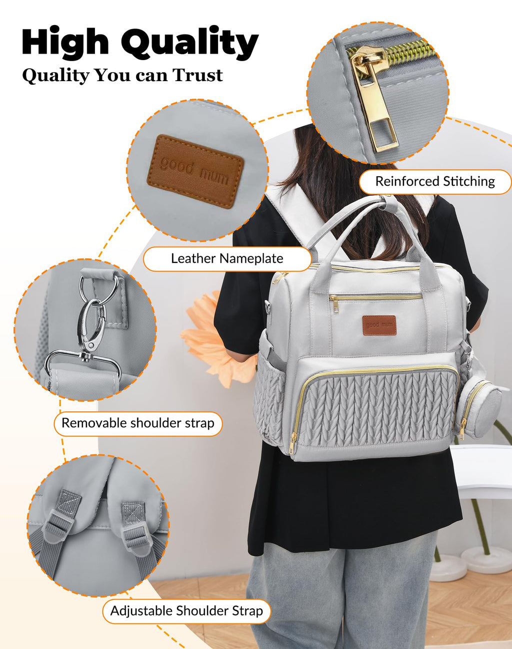 Backpack Diaper Bag,Stylish Waterproof Baby Diaper Bags with Changing Pad,Insulated Pockets,Multi-Function Travel Diaper Backpacks,Newborn Essentials, Grey