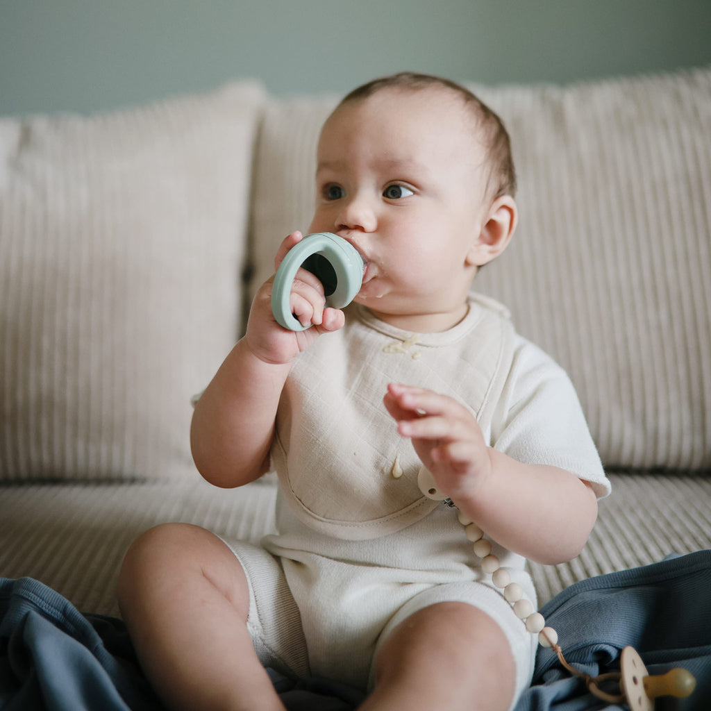 mushie Muslin Baby Bib | Soft Cotton for Infant Drips, Drools & Feedings | Adjustable Fit | 2 Pack (Green Paisley/Fog)