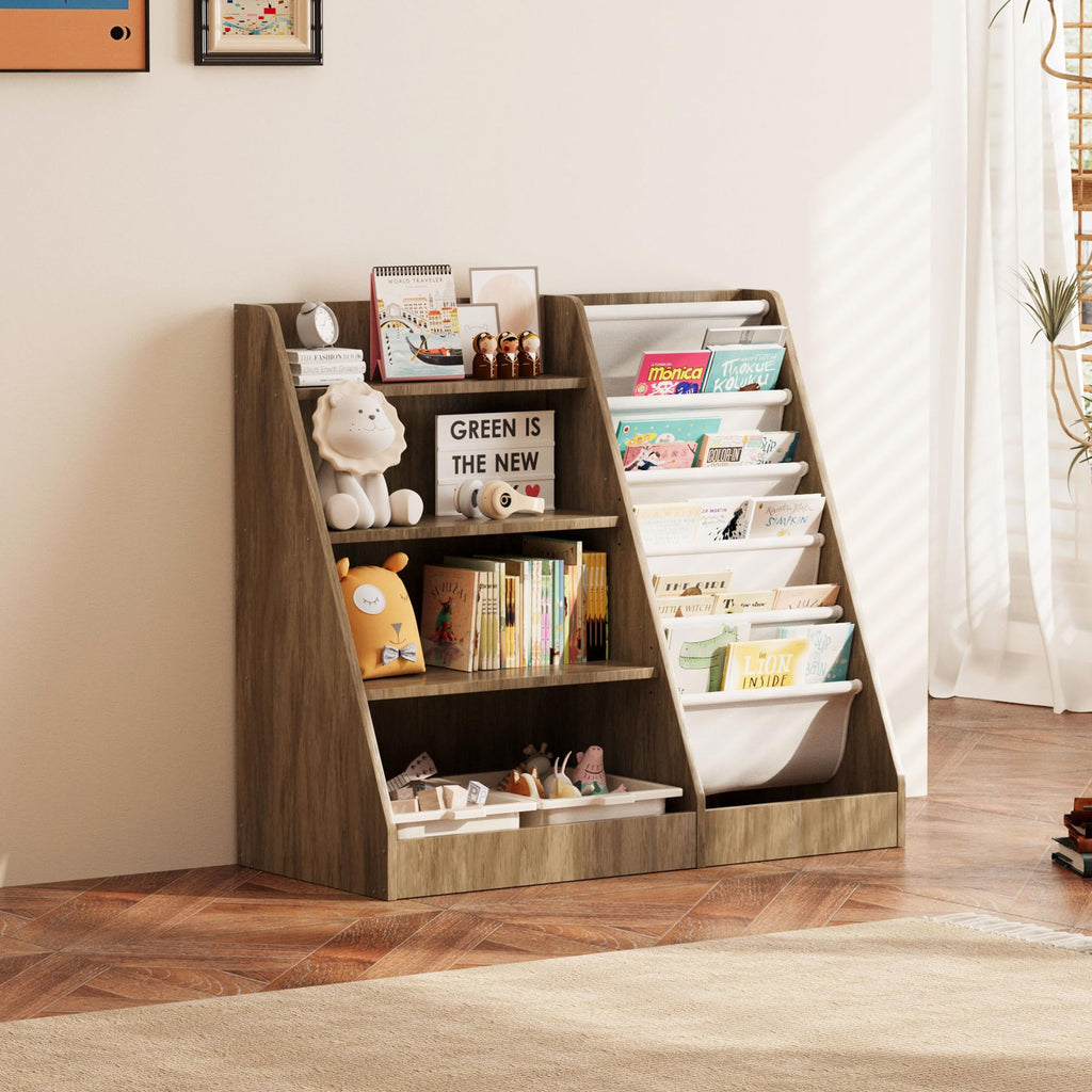 4 Tier Kids Bookshelf Wooden, Five Layer Sling Children Bookcase, Baby Toddler Storage Book Rack, Book and Toy Organizer Cabinet Chest, Book Display Shelf Stand, Playroom Nursery Classroom Library