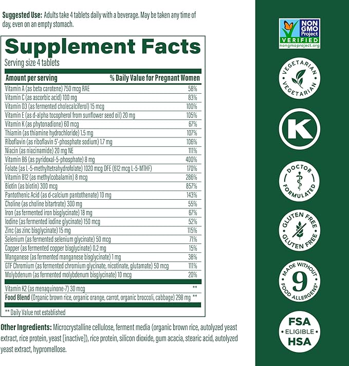 MegaFood Baby & Me 2 Prenatal Multi Minis - Prenatal Vitamins for Women with Choline & Methyl Folate - Gluten-Free, Vegetarian, Pre Natal Multivitamin for Women – 120 Minis Tablets, 30 Servings