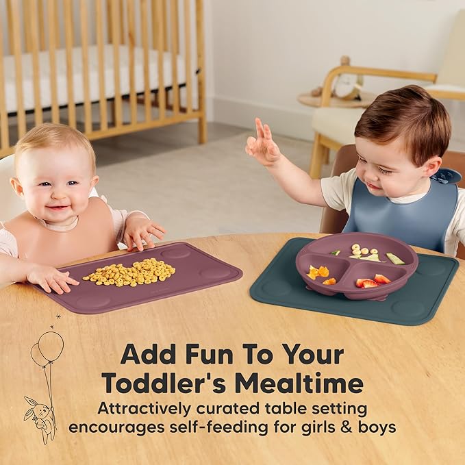 KeaBabies 2-Pack Silicone Placemats for Toddlers - 12x9 Non Slip Suction Baby Silicone Placemat for Kids Eating, Easy to Clean, Busy Travel Baby Mat for Dining Table, Food Grade/BPA-Free (Rocky)