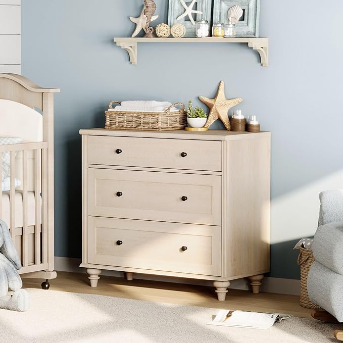 WAMPAT Baby Dresser with 3 Drawers, Kids Dressers with Wide Chest of Drawers, Mid Century Modern Wooden Closet Storage Organizer, Small Dressers for Bedroom, Nursery, Hallway, Beige, 34 inch