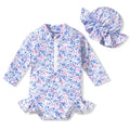 Newborn Infant Baby Girls One Piece Long Sleeve Swimsuit Floral Bathing Suit Zip Up Swimwear Beach Wear NB Blue Flower