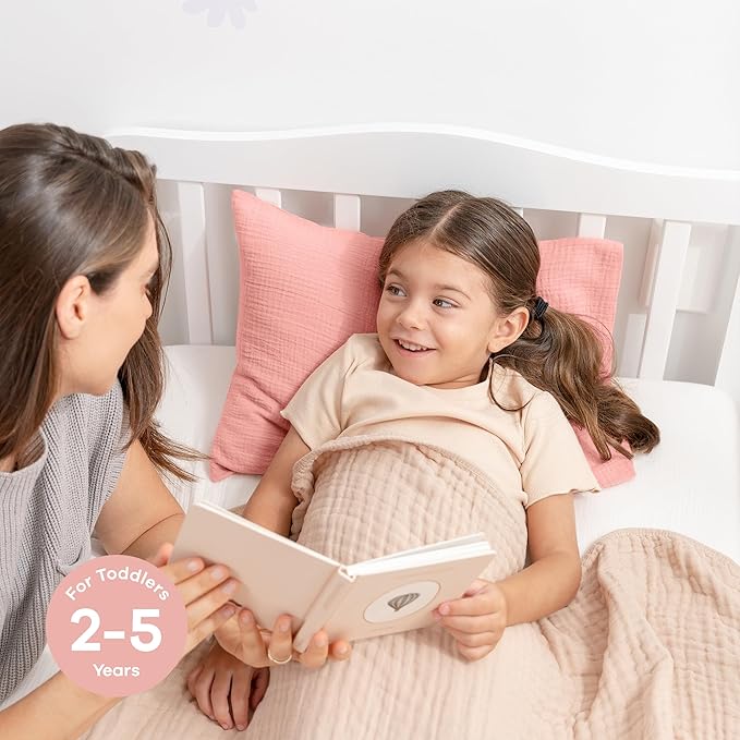 Comfy Cubs Toddler Pillow with Muslin Pillowcase, 13 x 18 in, 2 Pack - Travel and Sleep Support for Kids - Lightweight, Breathable Microfiber Fill - Soft and Cozy Small Pillow for Toddlers - Blush