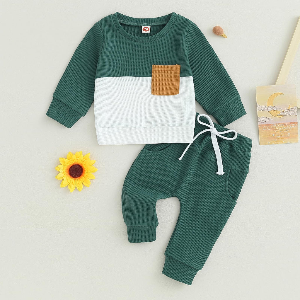 GGBNOMER Toddler Baby Boy Fall Clothes Waffle Contrast Color Sweatshirt Pants Sets Infant Winter Outfits 6 12 18 24 Months (Dark Green, 2-3T)