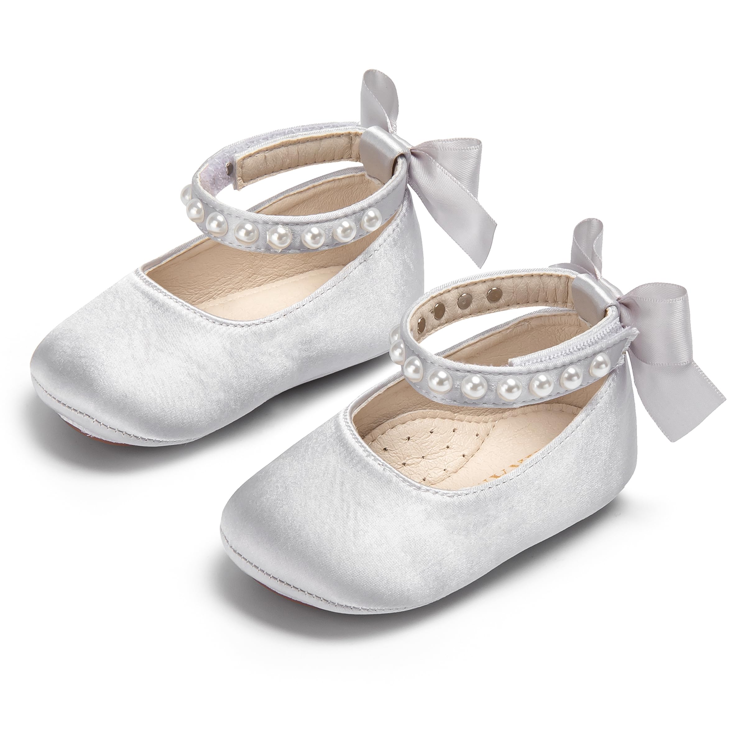 PHIRAMIN Baby Girls Silver Grey Mary Jane Flats - Infant 9-12 Months Walking Shoes Soft Rubber Sole Princess Wedding