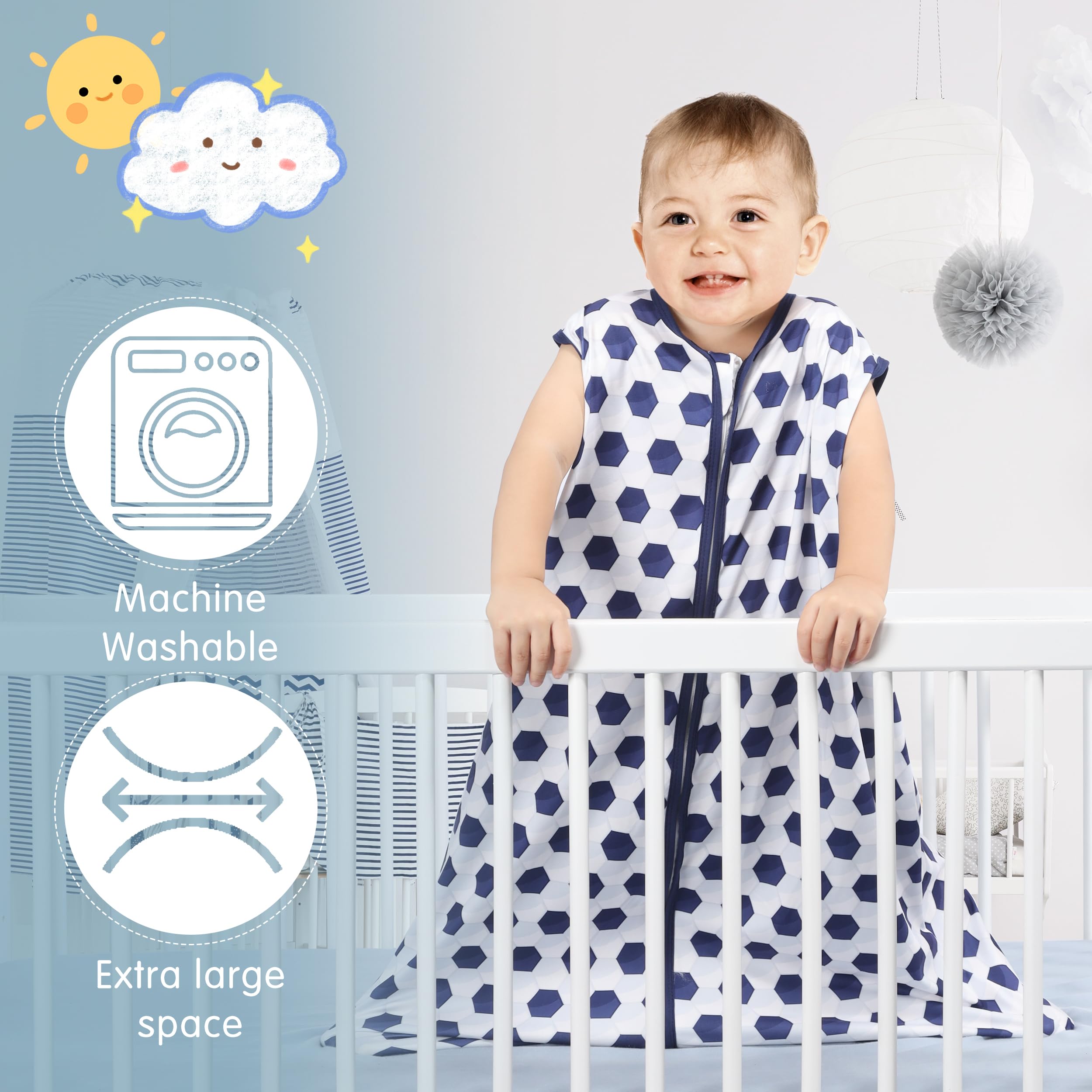 BSTOPPT 3 Pack Baby Sleep Sack 100% Rayon Cotton Baby Sleeping Bag 2-Way Zipper Toddler Wearable Blankets TOG 0.3. (Soccer&Triangles&Blue, 6-12 Months)