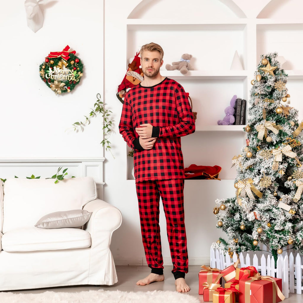 Schbbbta Kids Christmas Plaid Pajamas Boys Girls Button Down Sleepwear Pjs Set, Black Red Plaid, 9-10 Years=Tag 150