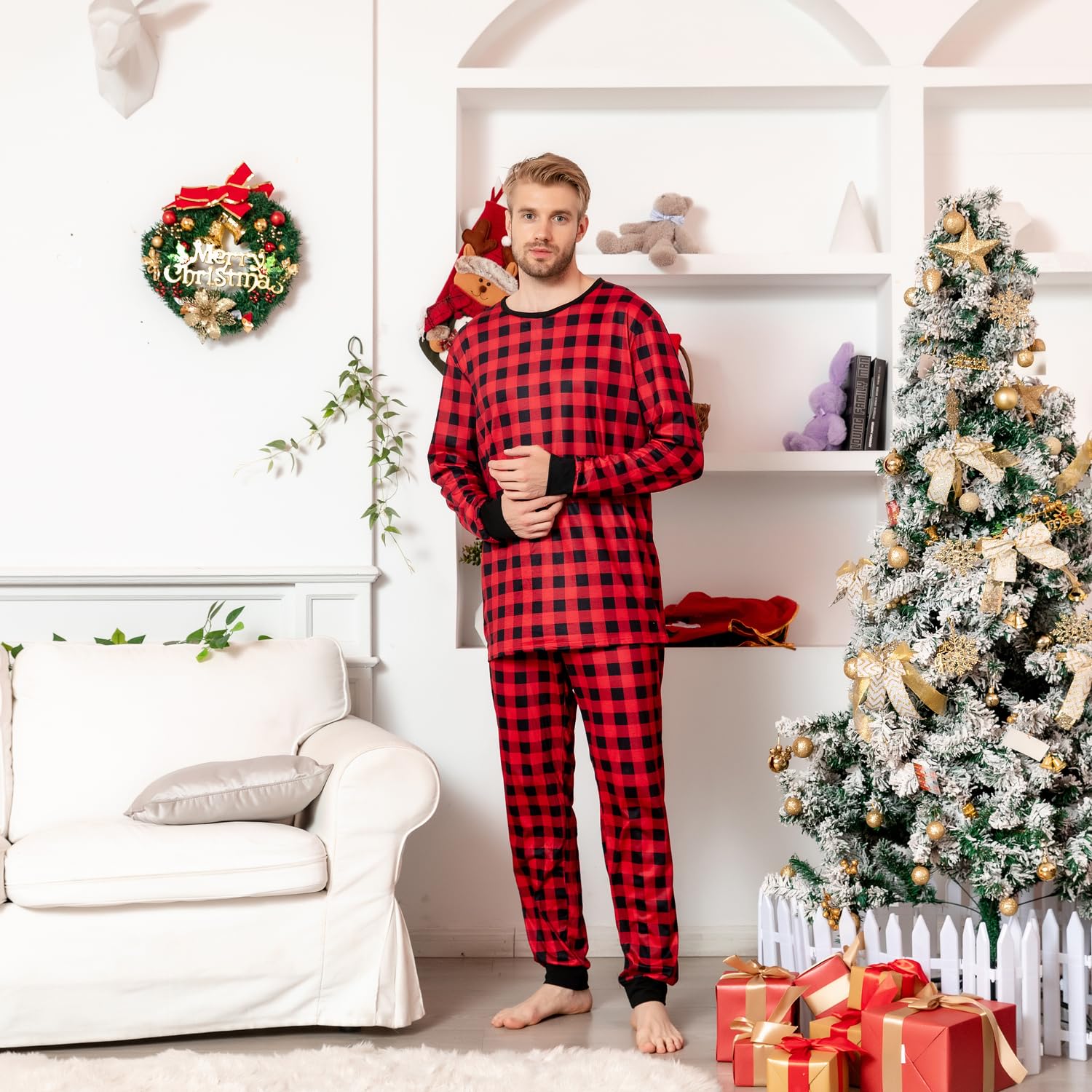 Schbbbta Kids Christmas Plaid Pajamas Boys Girls Button Down Sleepwear Pjs Set, Black Red Plaid, 9-10 Years=Tag 150