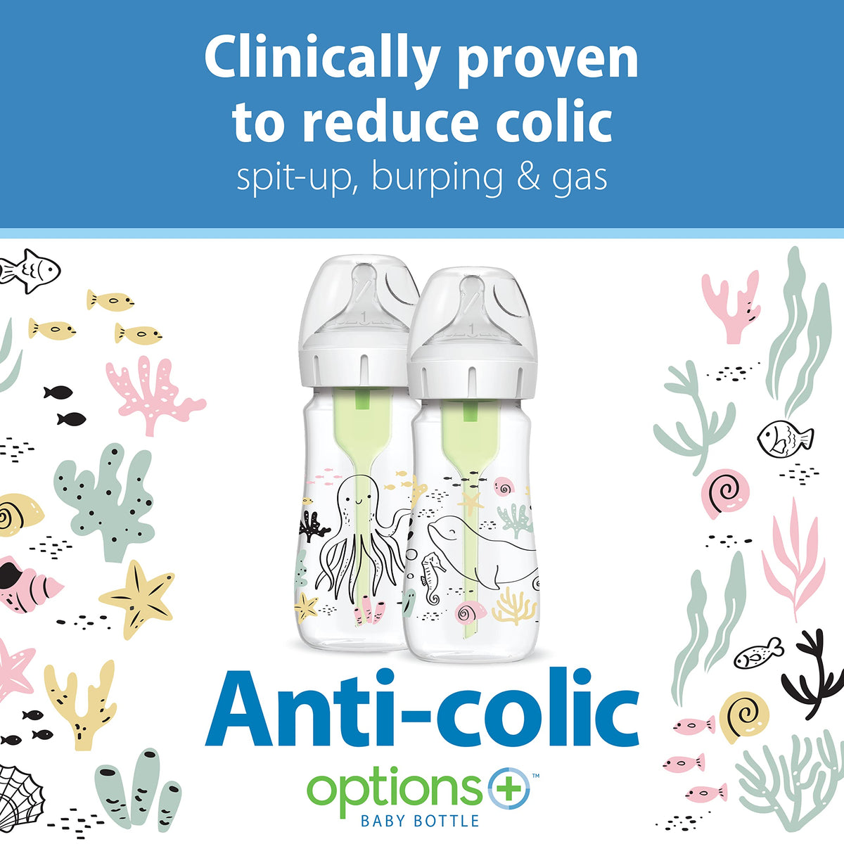Dr. Brown's Anti-Colic Options+ Wide-Neck Baby Bottles, Ocean, 2-Pack