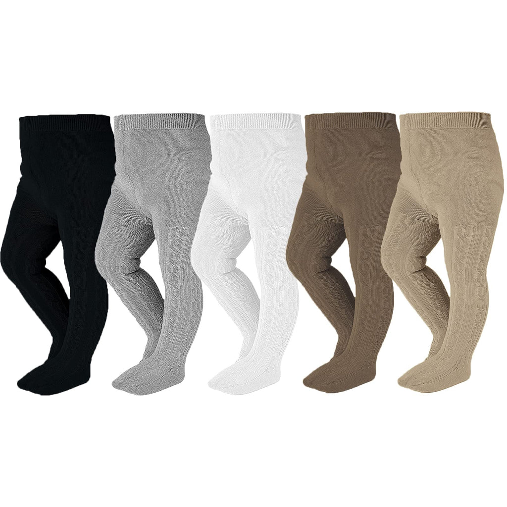 EPEIUS Baby Tights Infant Girls Cable Knit Tights Solid Cotton Stockings Seamless Footed Leggings Pantyhose 3-6 Months,Black/Brown/Khiki/Light Grey/White (Pack of 5)