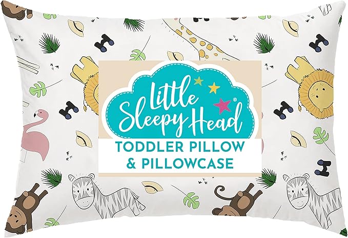 Little Sleepy Head Toddler Pillow with Pillowcase 13x18 - Kids Pillow for Sleeping - Toddler Pillow - Better Neck Support Ergonomic Pillow and Toddler Pillowcase - Best Pillows for Kids (Safari)