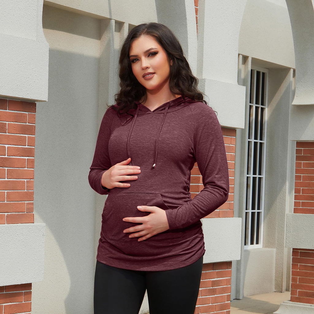 GINKANA Maternity Hoodie Long Sleeves Shirts Top Pregnancy Sweatshirt Casual Maternity Blouses,Maroon,M