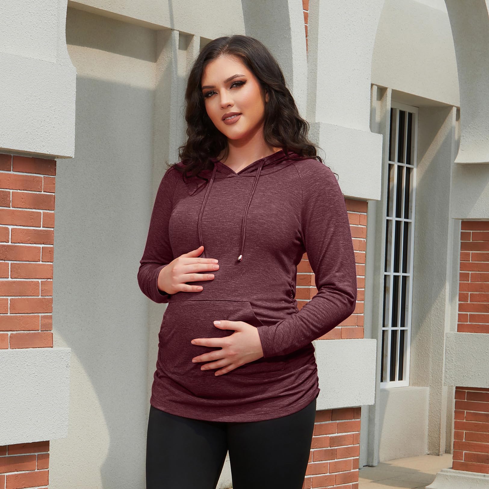 GINKANA Maternity Hoodie Long Sleeves Shirts Top Pregnancy Sweatshirt Casual Maternity Blouses,Maroon,M