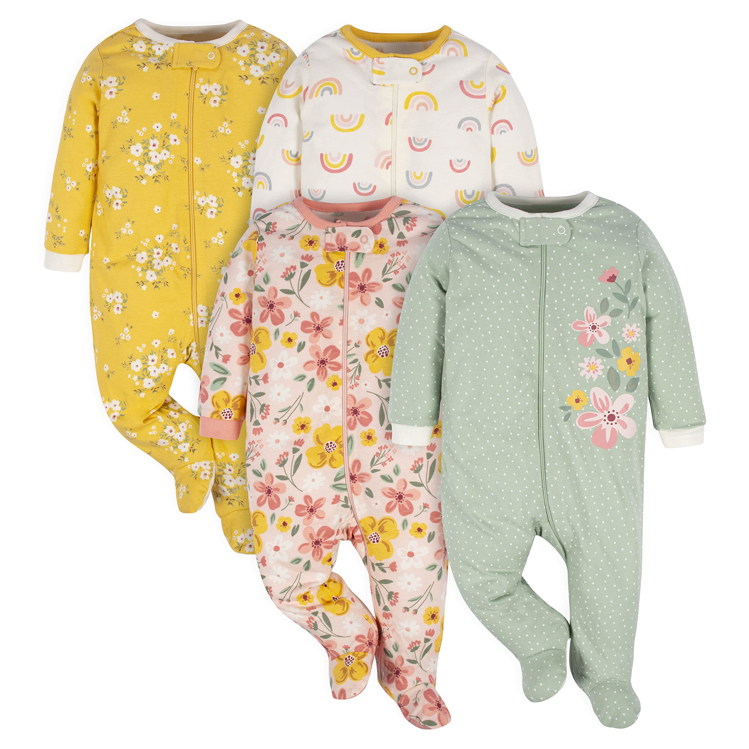 Gerber Baby Girls 4 Pack 'N Play Footie And Toddler Sleepers, Golden Floral, 0-3 Months US