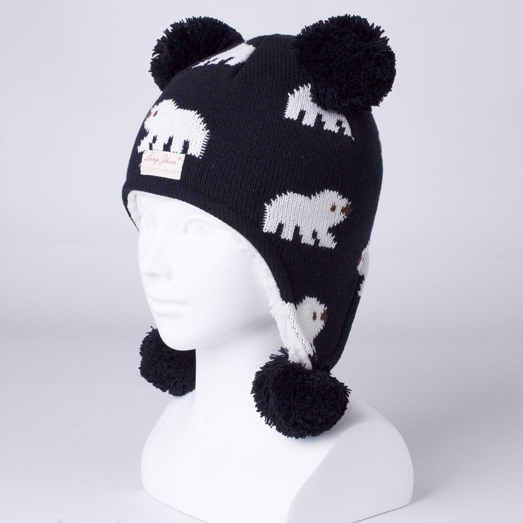 LANGZHEN Toddler Kids Infant Winter Hat,Earflap Knit Warm Cap Fleece Lined Beanie for Baby Boys Girls (Polar Bear-Navy, 2-4 T)