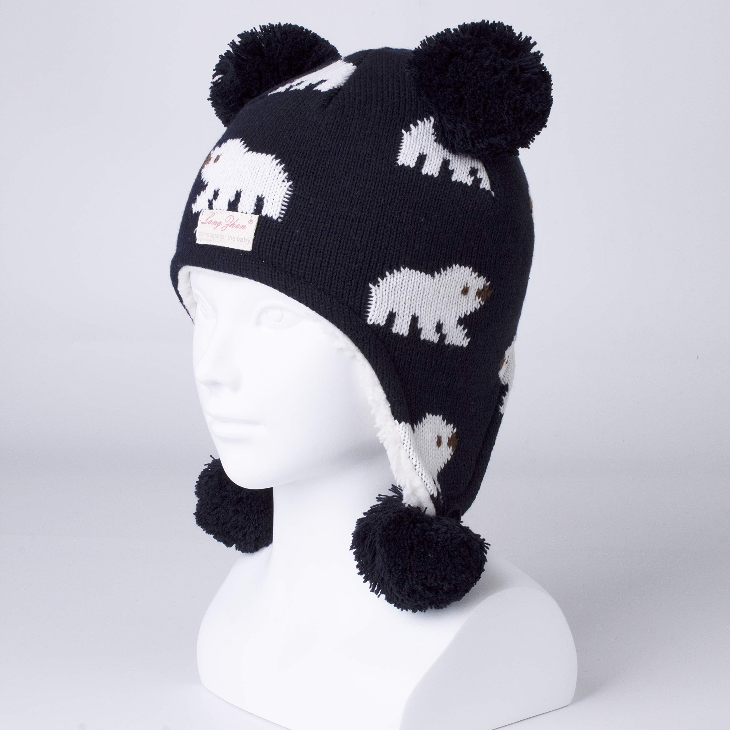 LANGZHEN Toddler Kids Infant Winter Hat,Earflap Knit Warm Cap Fleece Lined Beanie for Baby Boys Girls (Polar Bear-Navy, 2-4 T)