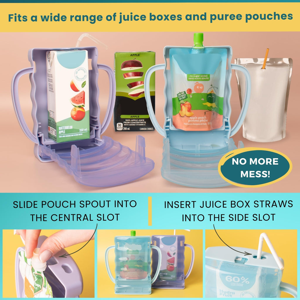 Dinneractive Sip Wiz - Baby Pouch Holder & Juice Box Holder - Anti-Squeeze Yogurt Pouch Reusable Toddler Essentials 2 Pack