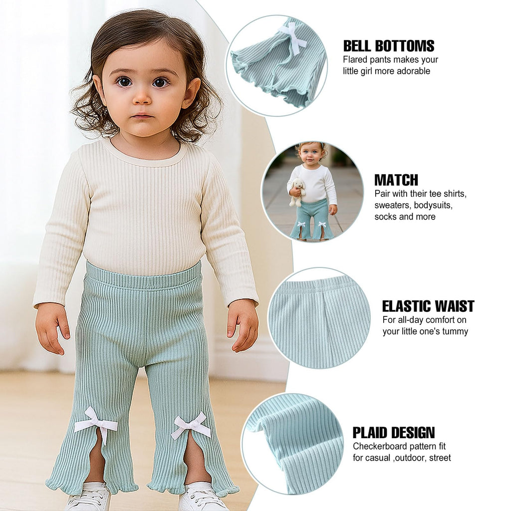 SOBOWO Flare Toddler Pants Leggings 3 Pack Solid Ribbed Ruffle Bell Bottoms Pants Fall Winter Outfits(Black/Blue/Beige, 18-24 Months)