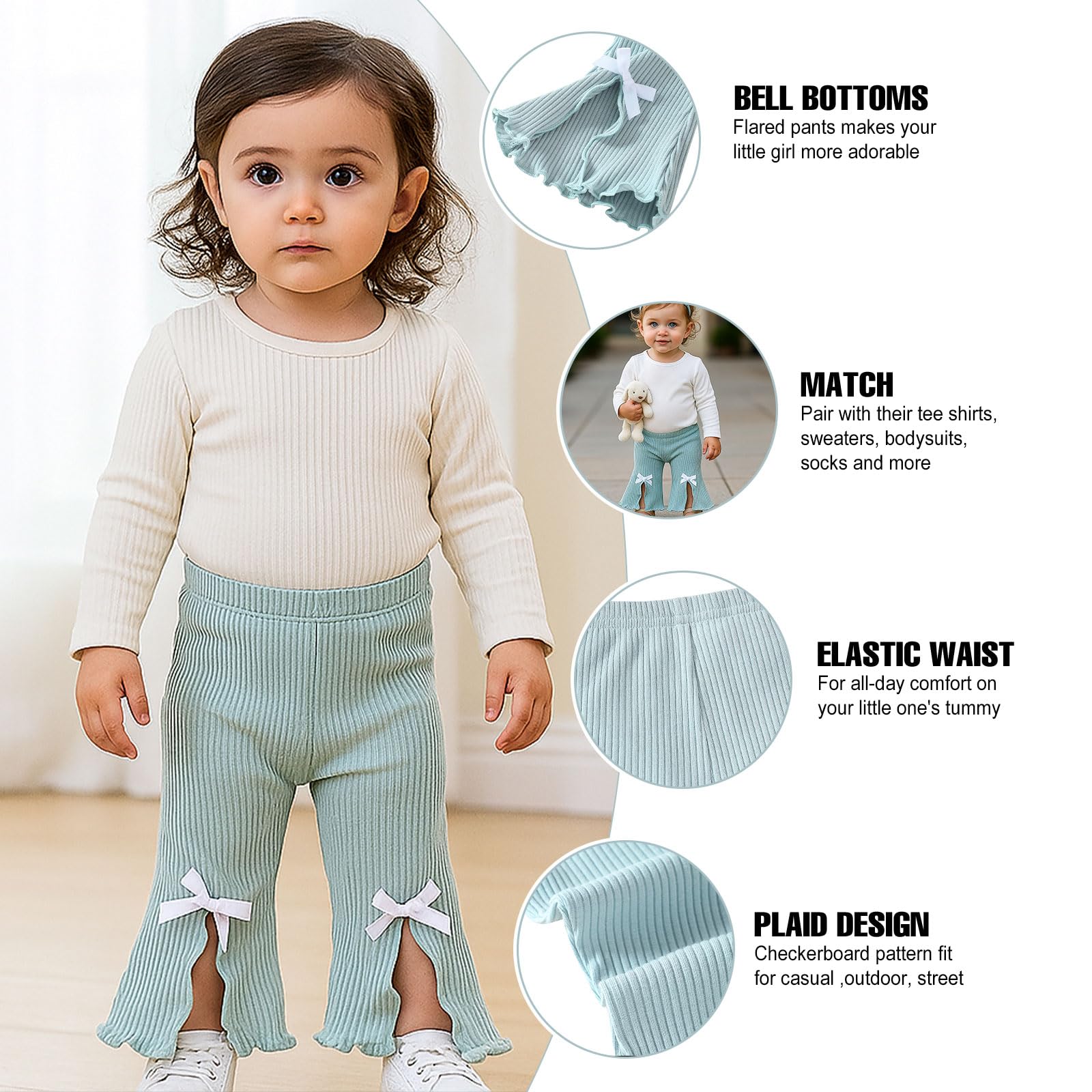 SOBOWO Flare Toddler Pants Leggings 3 Pack Solid Ribbed Ruffle Bell Bottoms Pants Fall Winter Outfits(Black/Blue/Beige, 18-24 Months)