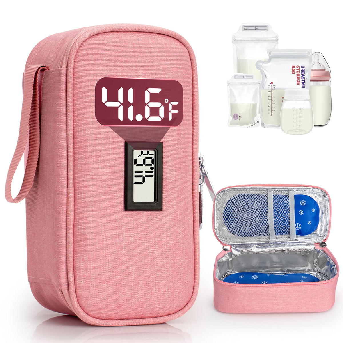 WIBOND Breast Milk Cooler Travel Bag, Real-Time Temperature Display, Holds 4-6 Breastmilk Storage Bag with 2 Breast Milk Ice Pack, Cooling & Waterproof Portable Cooler for Moms on the Go(Pink)