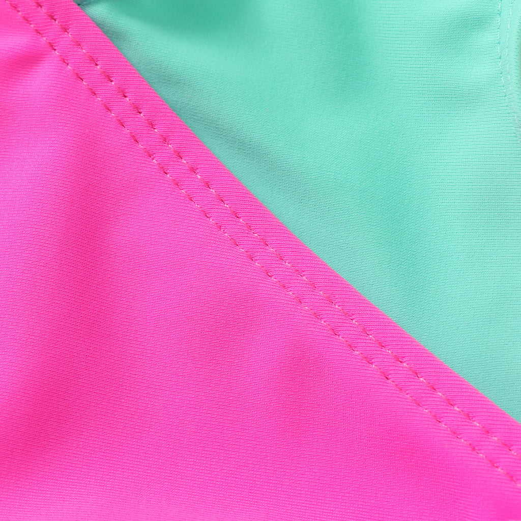 Happy Town Toddler Swimsuit Girl One Piece Bathing Suit Color Block Swimwear Baby Summer Beach Wear(18-24 Months, Green Pink Purple)