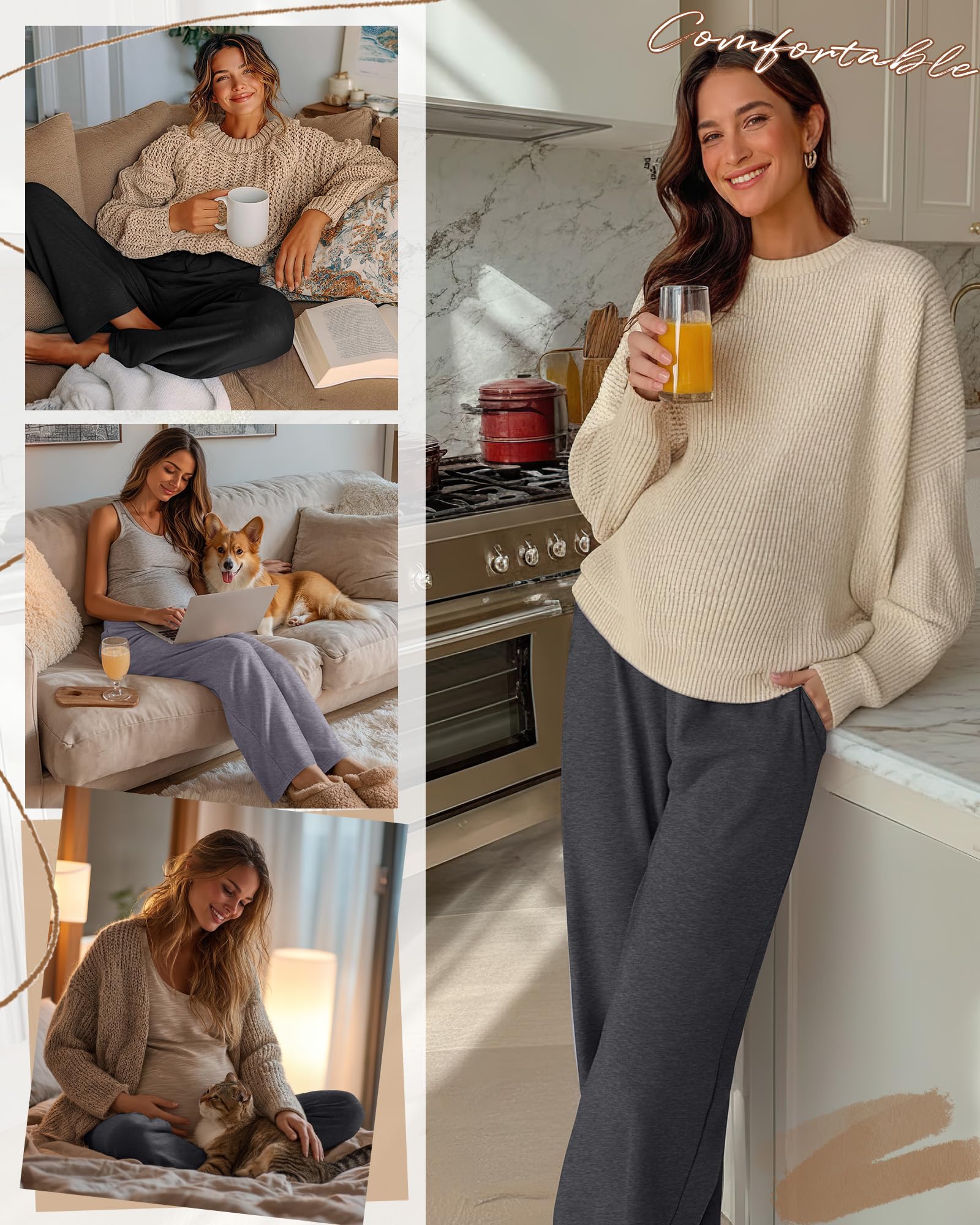 Sweetyweee 3 Pack Maternity Wide Leg Lounge Pants, 3-Color, X-Large