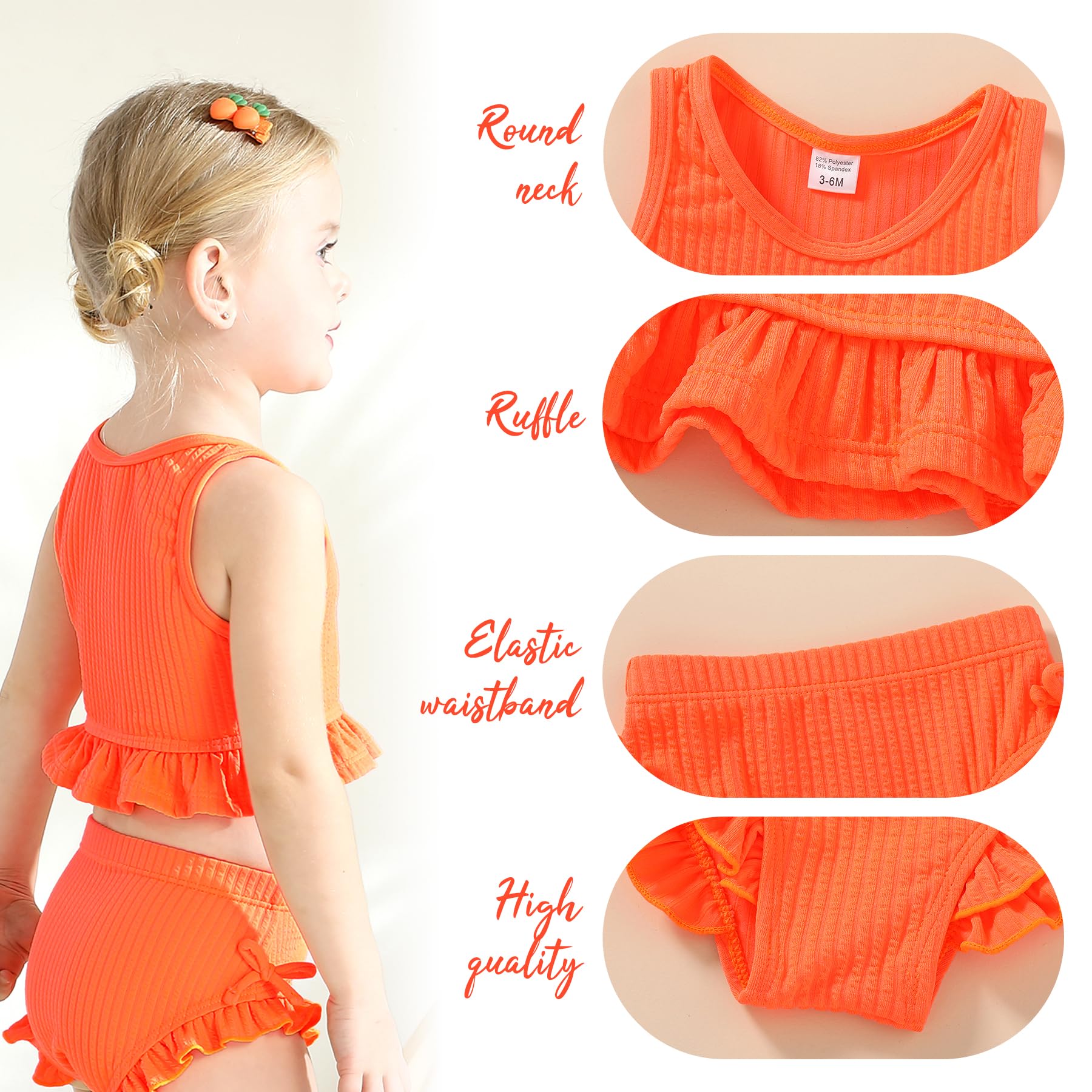 HAPPYMA Baby Swimsuit Toddler Girl Bathing Suit Summer Solid Color Bikini Set Beach Two Piece Swim Wear (Orange, 2-3T)