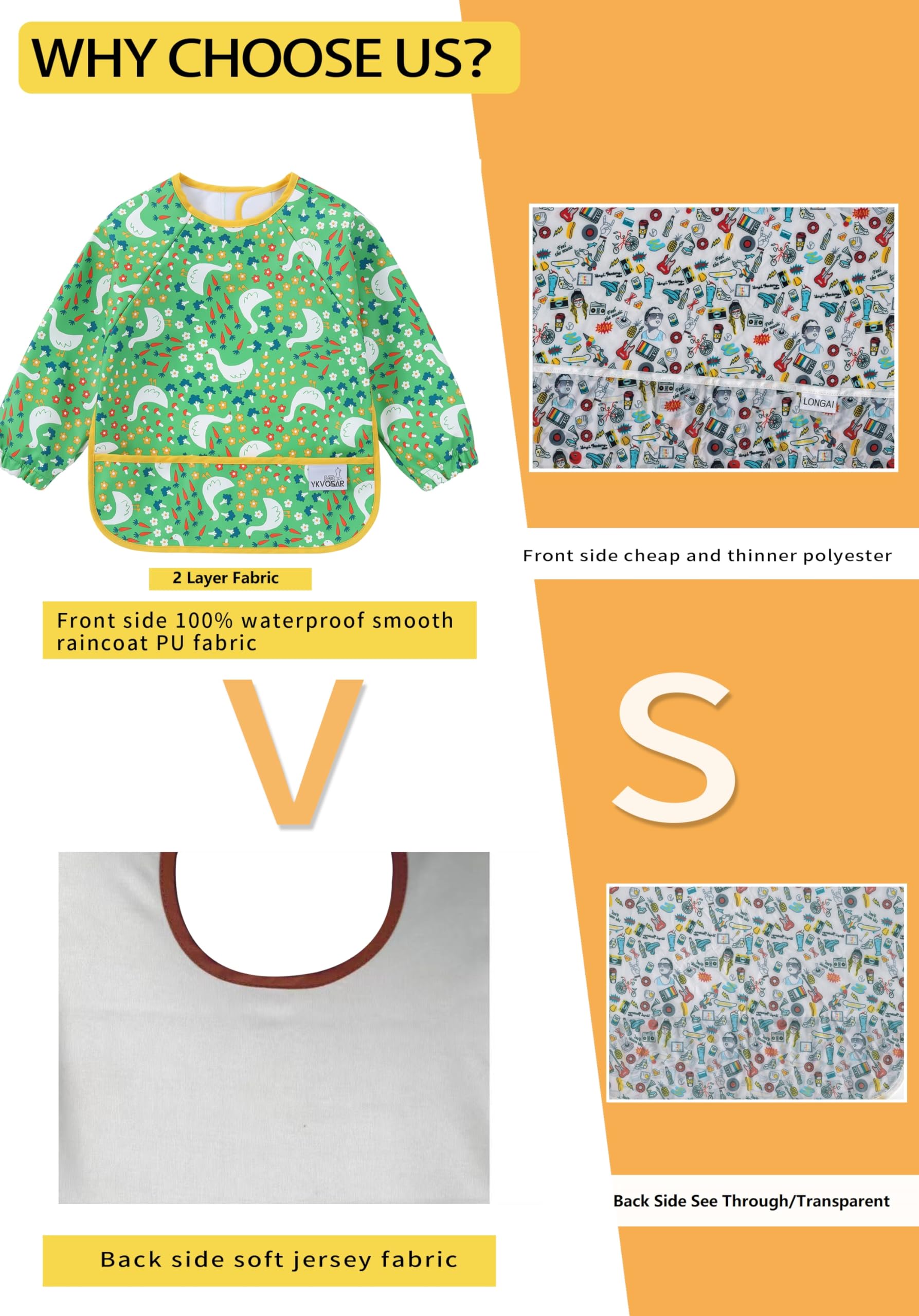 YKVOSAR 2 Pack Baby Bibs for Boy, Waterproof Bibs for Eating, Mess Proof Full Sleeve Bib for Toddlers, Fit Age 6-36 Months