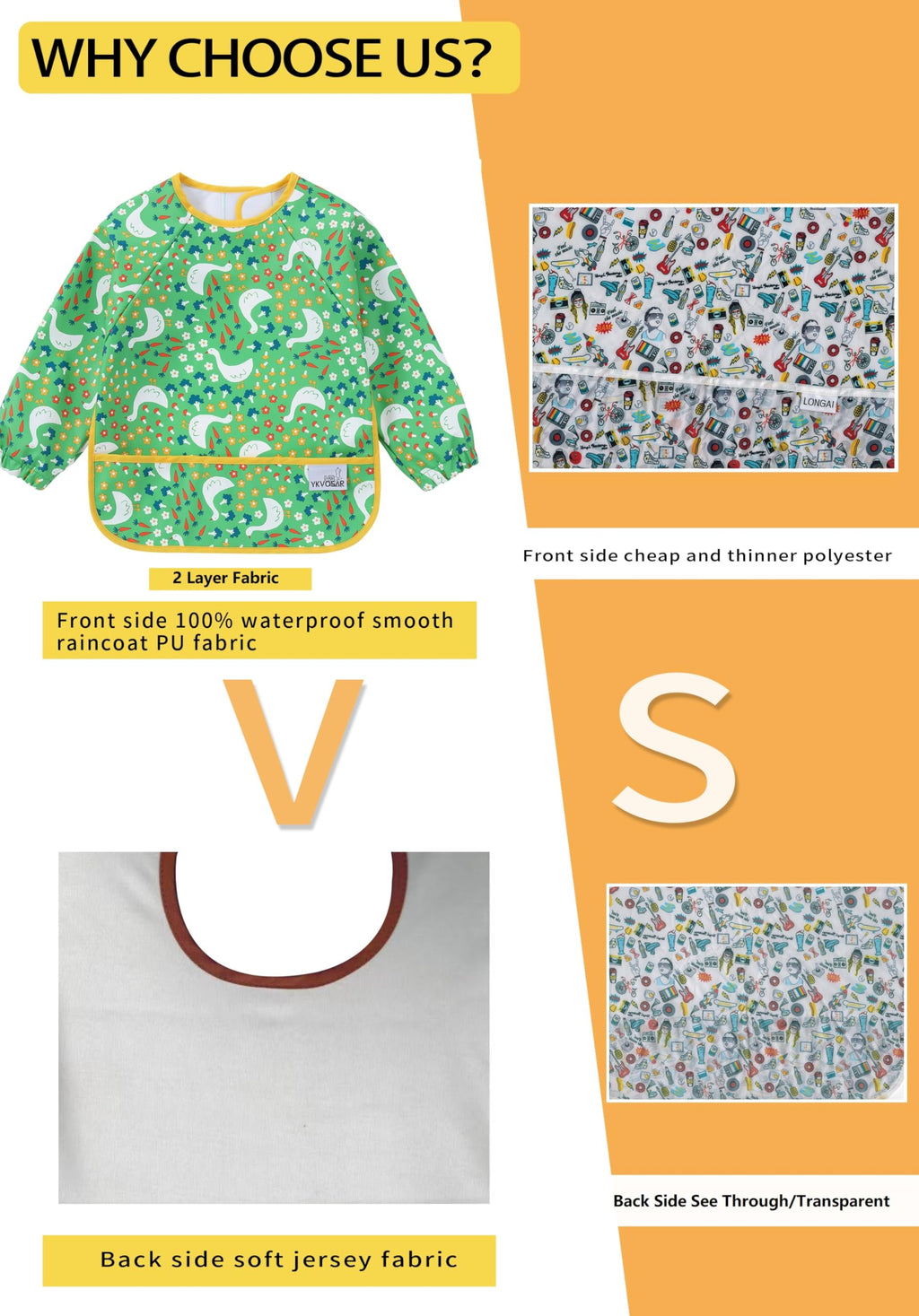 YKVOSAR 2 Pack Baby Bibs for Boy, Waterproof Bibs for Eating, Mess Proof Full Sleeve Bib for Toddlers, Fit Age 6-36 Months