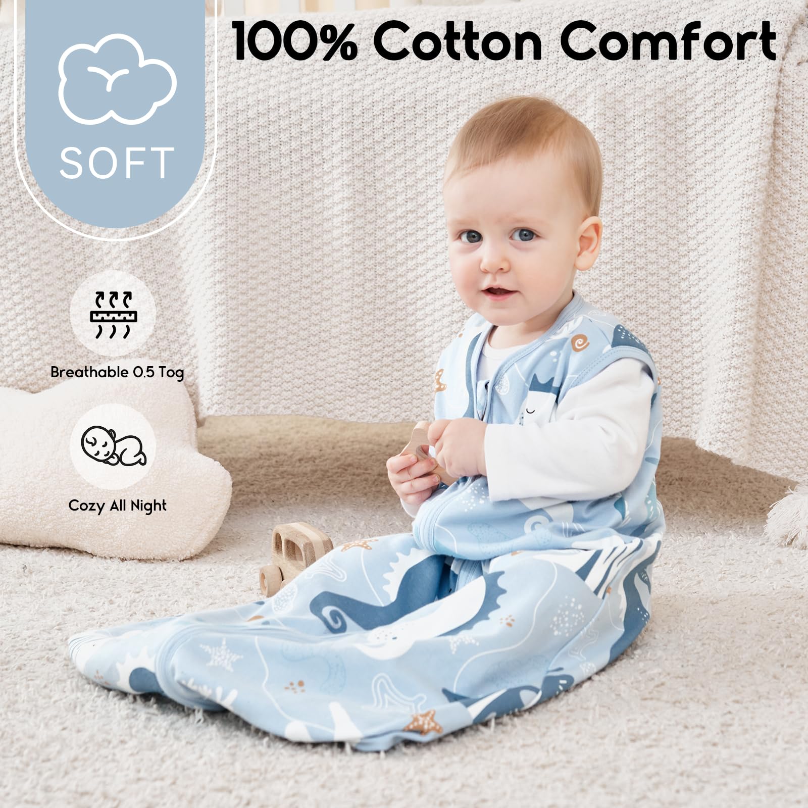 Yoofoss Baby Sleep Sack 0-6 Months 0.5 Tog Wearable Blanket for Baby, 3 Pack 100% Organic Cotton Infant Toddler Sleeping Sack 2-Way Zipper Lightweight Sleep Sack