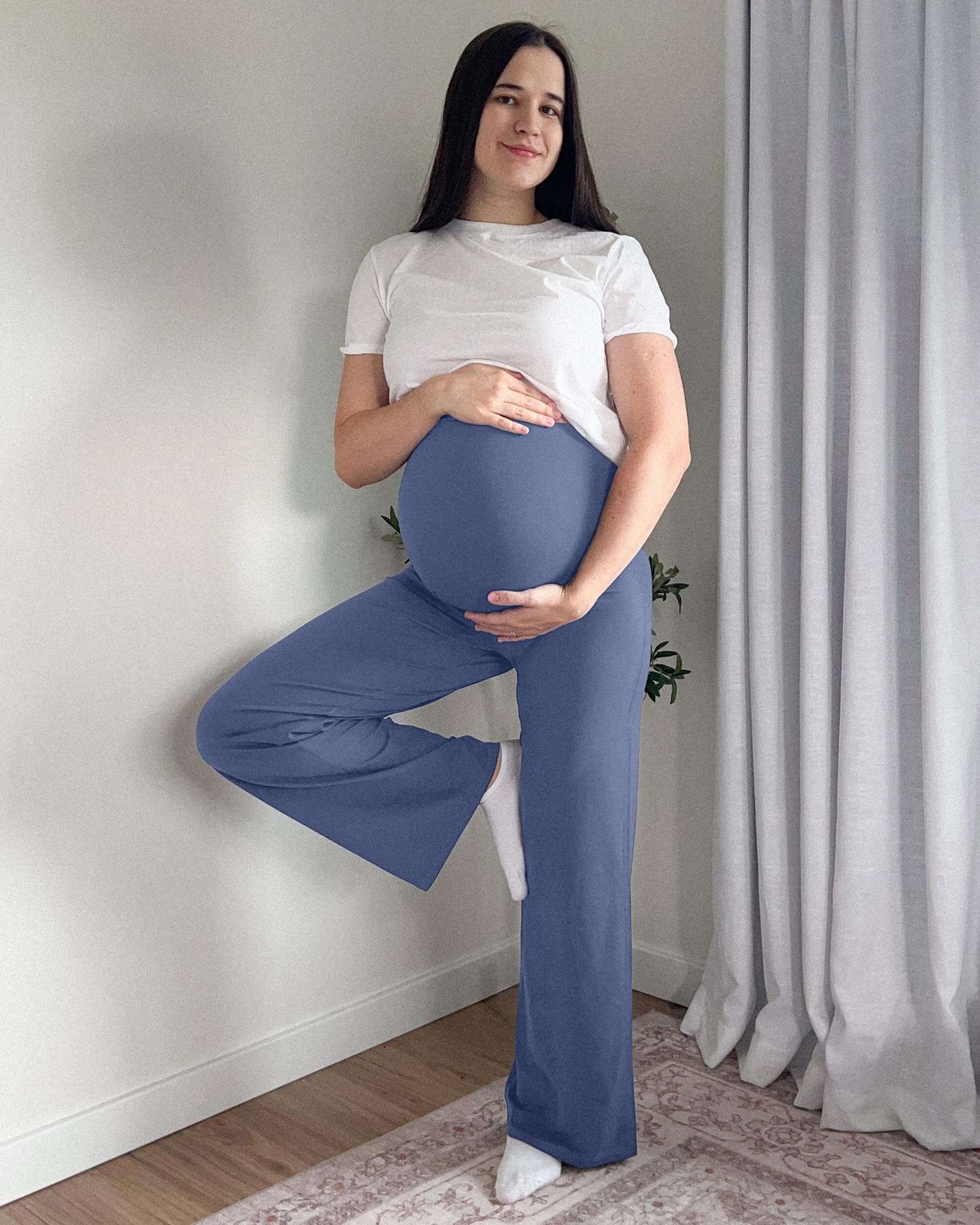G4Free Maternity Pants Work Athletic Wide Leg,Blue Gray,XXL,Tall