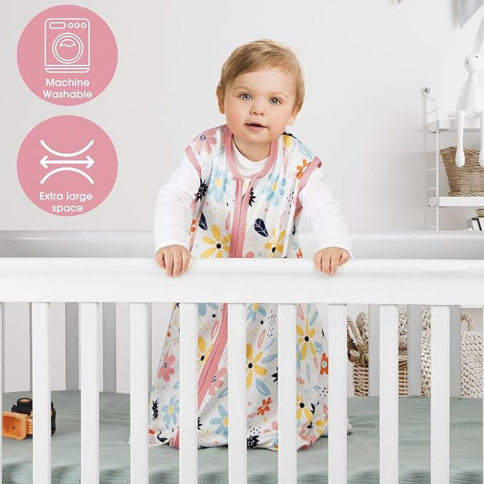 3 Pack Baby Sleep Sack 6-12 Months 100% Rayon Cotton Baby Sleeping Bag 2-Way Zipper Toddler Wearable Blankets TOG 0.3 （Heart&Pink&Floral）