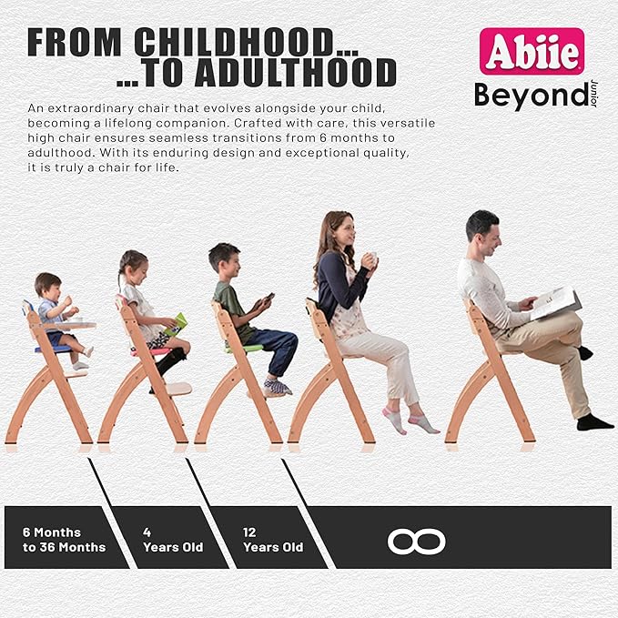 Abiie Beyond Junior Wooden High Chair with Tray - Adjustable and Convertible High Chair for Babies and Toddlers - 6 Months to 250 Lb - Water Resistant - Misty Grey Wood with Black Pearl Cushion
