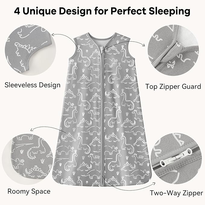 Baby Sleep Sack 12-18 Months 1.0 Tog Baby Wearable Blanket 100% Cotton Sleeping Sack with 2-Way Zipper for Toddler Infant Gray White Dinosaur