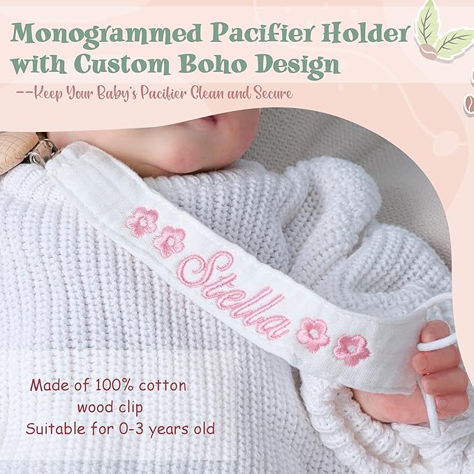 Personalized Bohemian Pacifier Clip Embroidered with Name is The Perfect Newborn Gift Made from eco-Friendly Bamboo! (Gray)