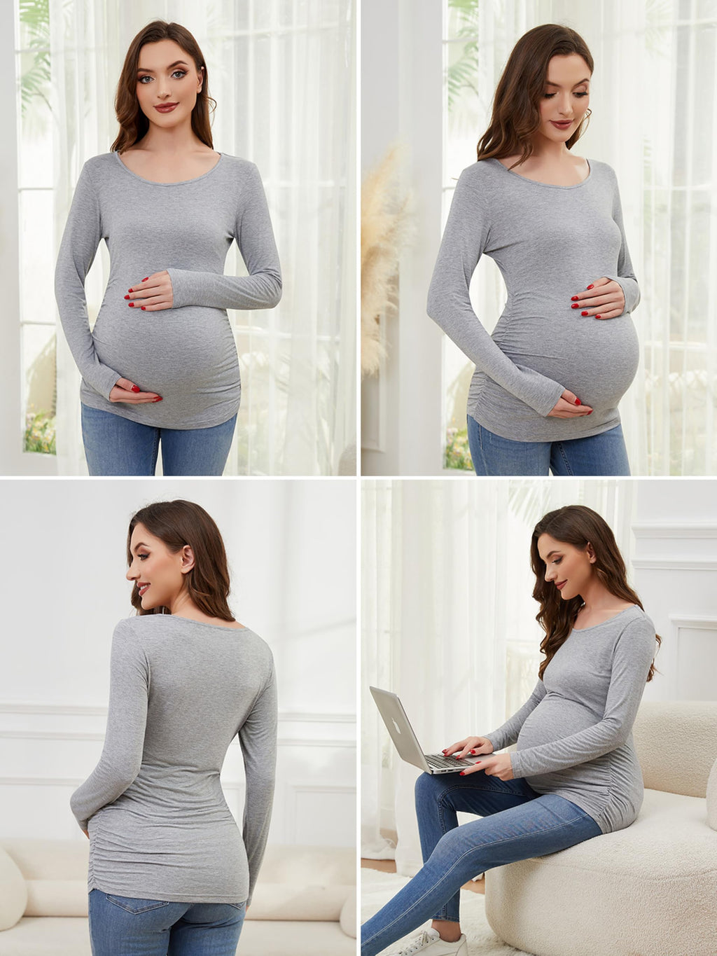 Ecavus Women's 4-Pack Maternity Shirts Long Sleeve Soft Stretchy Pregnancy Tops Side Ruched Casual Mama Clothes