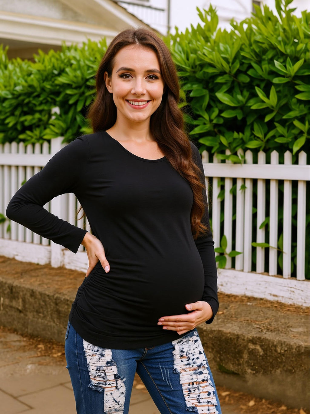 MIRAZEN 2 Pack Maternity Shirts Long Sleeve Crew Neck, Black/Black, L