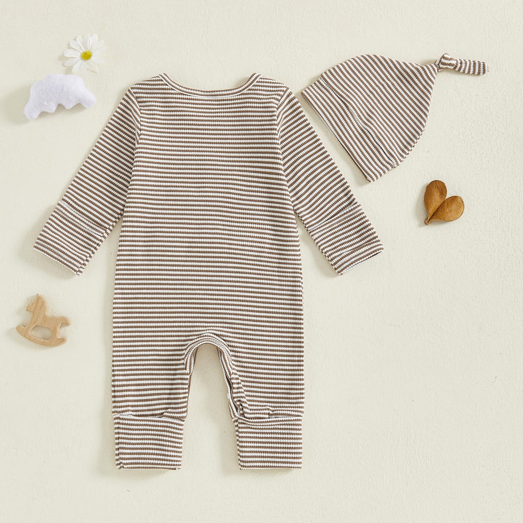 Fernvia Newborn Baby Boy Clothes Letters Print Bodysuit 3 6 9 12 18 Months Long Sleeve Jumpsuit with Hat 2PCS Outfits Set (D Khaki, Newborn)