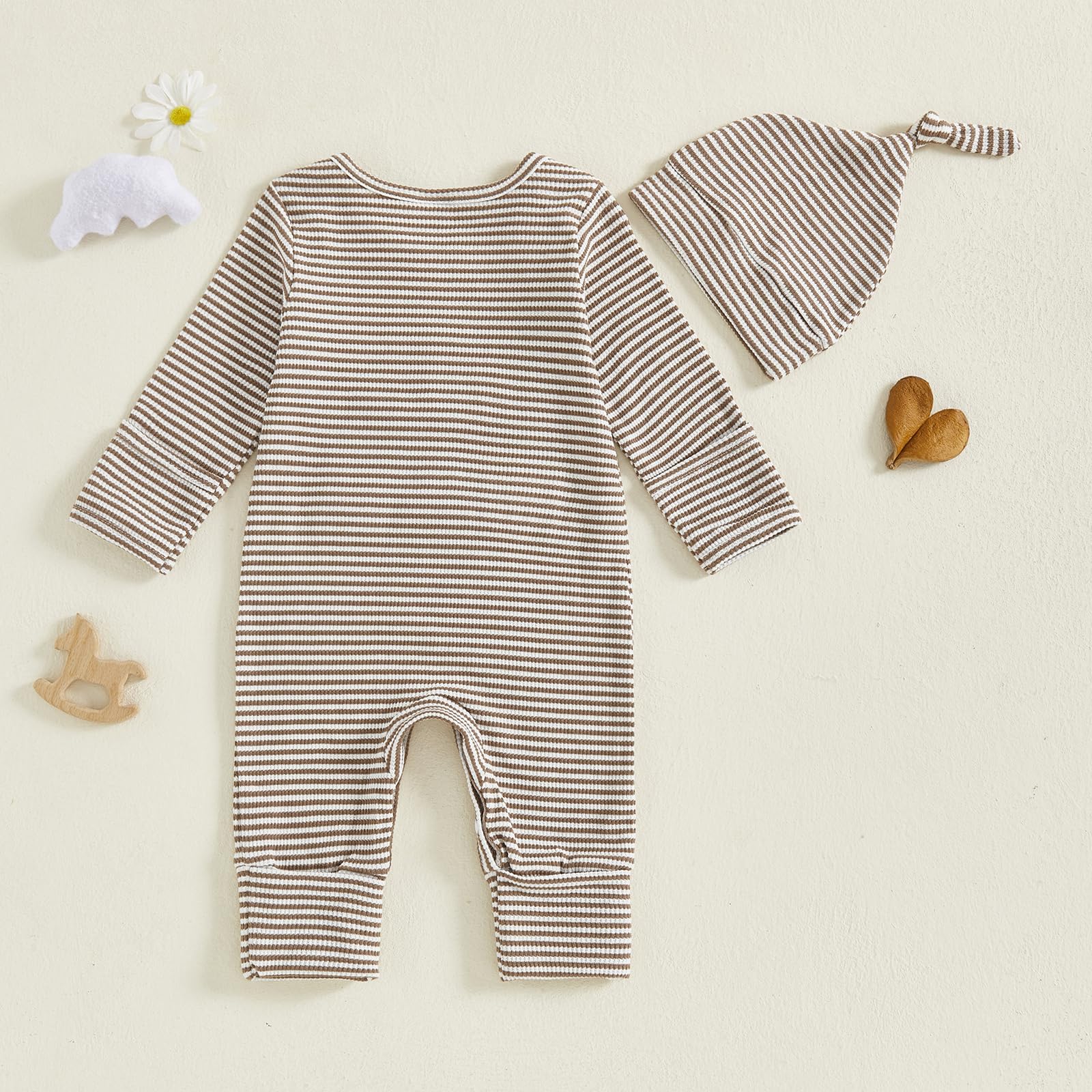 Fernvia Newborn Baby Boy Clothes Letters Print Bodysuit 3 6 9 12 18 Months Long Sleeve Jumpsuit with Hat 2PCS Outfits Set (D Khaki, Newborn)