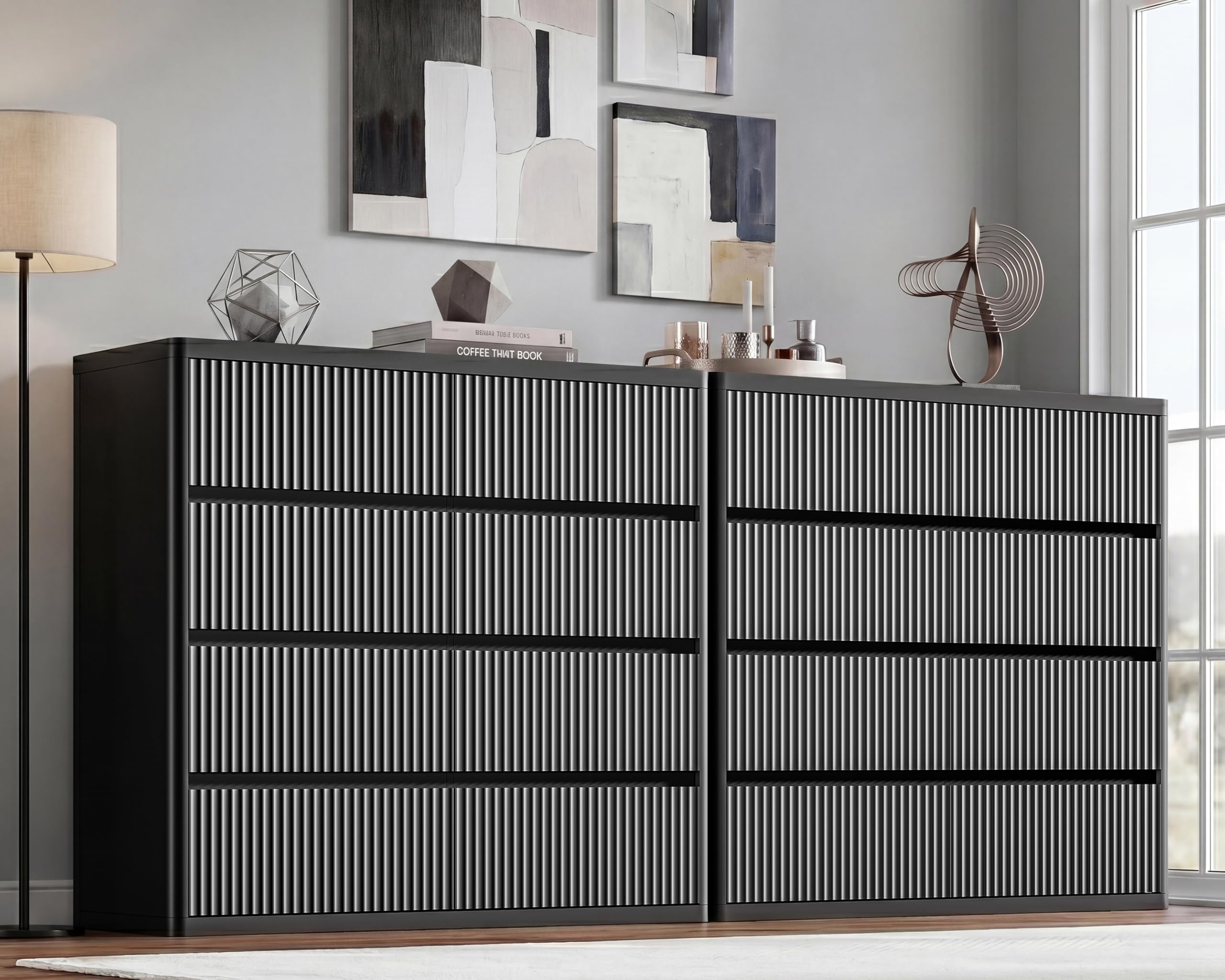 Standifurno Black Dresser for Bedroom, 8 Drawers Double Fluted Dressers, Modern Chest of Drawers with Curved Profile, Handleless, Storage Closet Dressers for Bedroom, Living Room, Entryways
