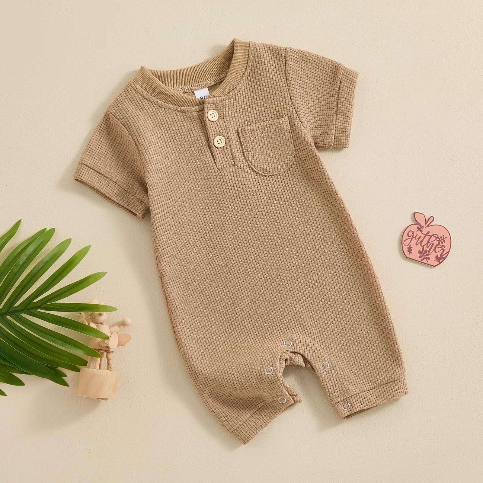 Kuriozud Newborn Baby Boy Girl Clothes Button Solid Short Sleeve Romper Jumpsuit Basic One Piece Outfits Baby Neutral Clothing Waffle Short Sleeve Khaki, 0-3 Months