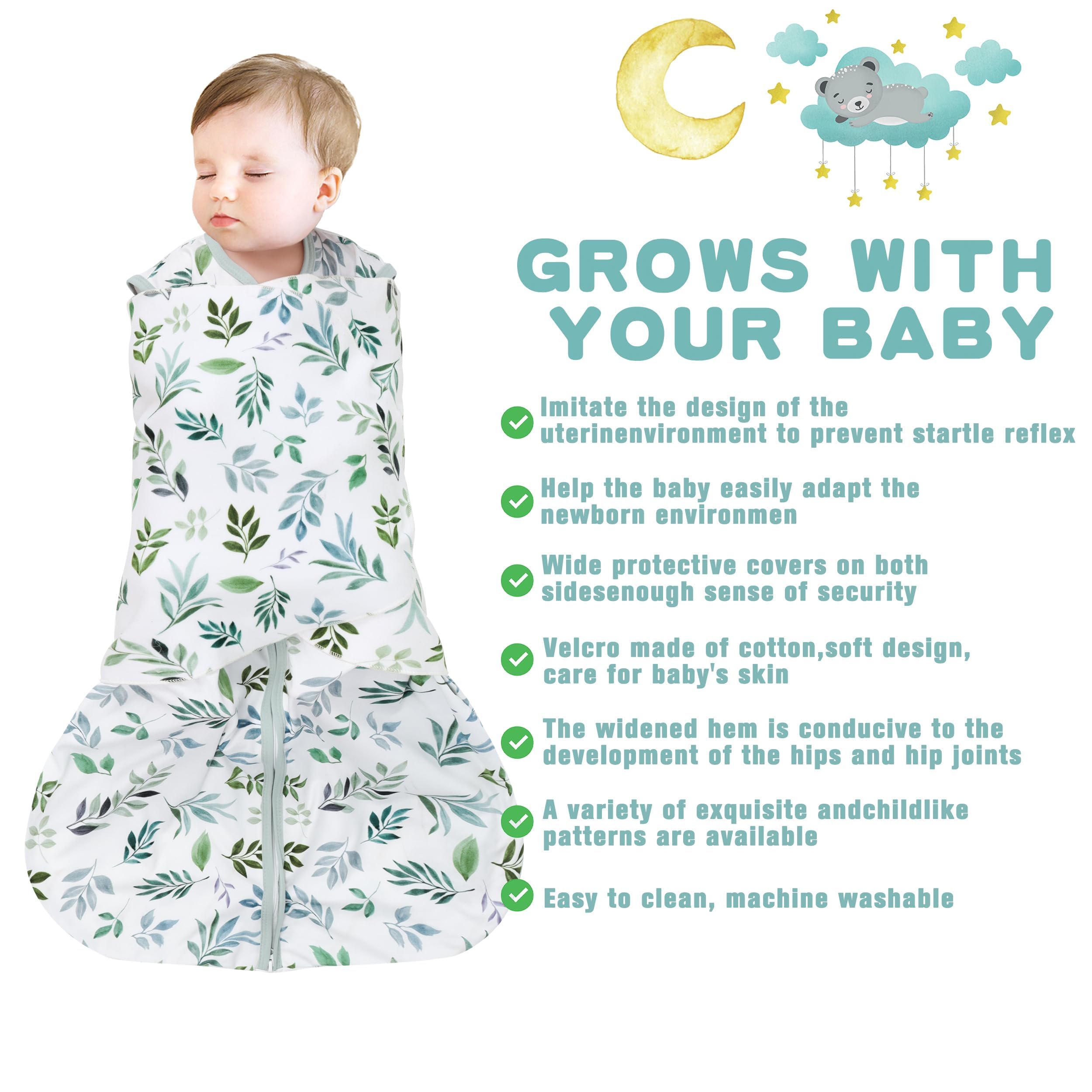 BSTOPPT Newborn Sleep Sack Baby Swaddle,Swaddle me 0-3 Month,3-Way Adjustable Wearable Blanket,100% Rayon Cotton Swaddling Sleeping Bag，TOG 0.5 (Leaf, 0-3 Months)