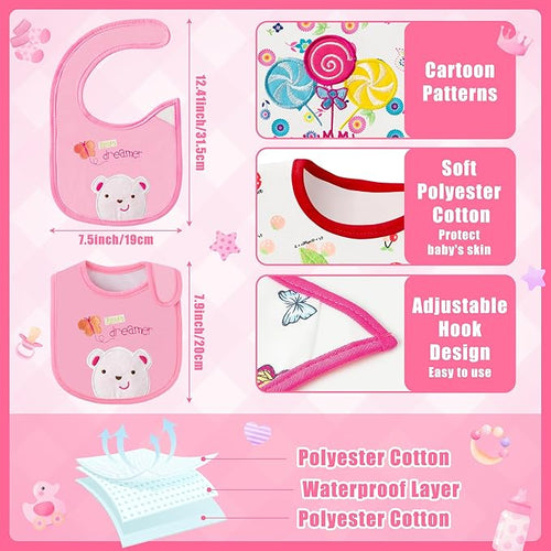 2ooya Cotton Waterproof Baby Bibs - 24Pcs Pink Adjustable Hook Loop Closure Food Bib Newborn Babies Infant Bibs Keepsake Baby Gift for Baby Girls Feeding Drooling Eating Teething, 6-12 Months