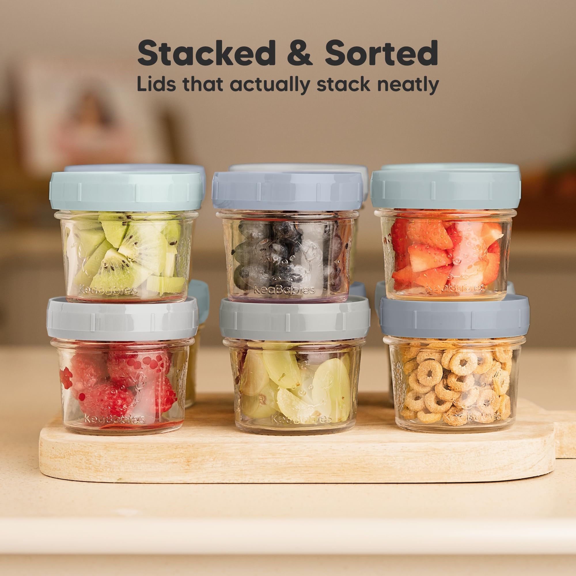 KeaBabies 12pk 4oz Glass Baby Food Containers with Lids, Leak-Proof (Slate)