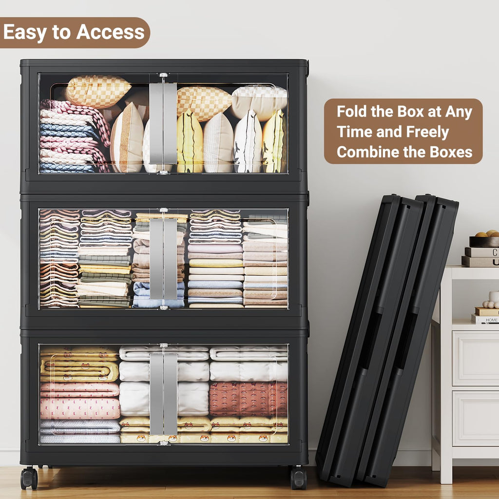 BROVIEW 160QT Stackable Storage Bins with Lids, 40Gal Extra Large Collapsible Storage Box with Wheel, Plastic Storages with Clear Door Open Front for Home Kitchen Garage, Black-1pack