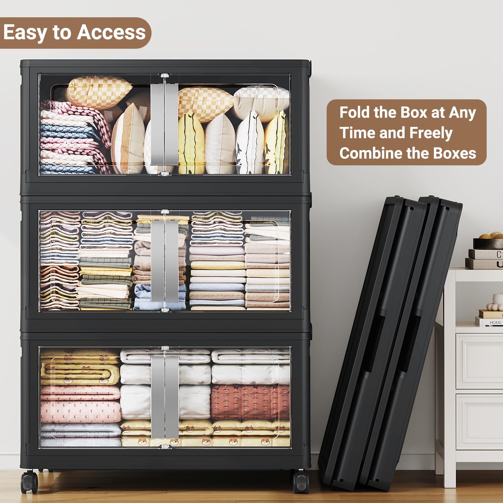 BROVIEW 160QT Stackable Storage Bins with Lids, 40Gal Extra Large Collapsible Storage Box with Wheel, Plastic Storages with Clear Door Open Front for Home Kitchen Garage, Black-1pack