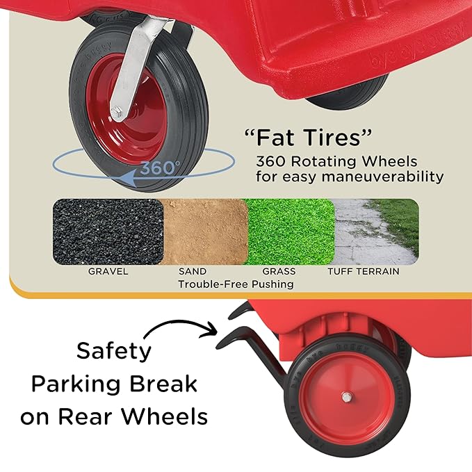 Angeles Bye Bye Buggy 6 Passenger Stroller, Sturdy Daycare Stroller with Fat Tires, Easy-to-Fasten Safety Buckles, Parking Brake, & 360 Pivoting Wheels, Red